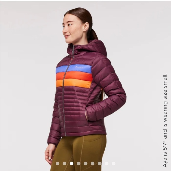 Cotopaxi Women's 1X Fuego Hooded Down Jacket Wine Stripes Maroon Blue NWT - Picture 11 of 15